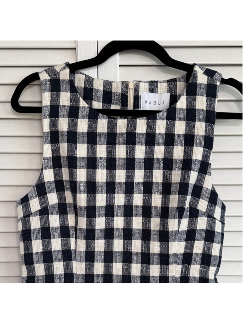 Sleeveless Navy and Cream Gingham Mini Dress with Scalloped Hem - Picture 7 of 8